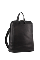 A black leather twin zip backpack with adjustable straps, a top grab handle, and multiple pockets, standing upright on a plain background.